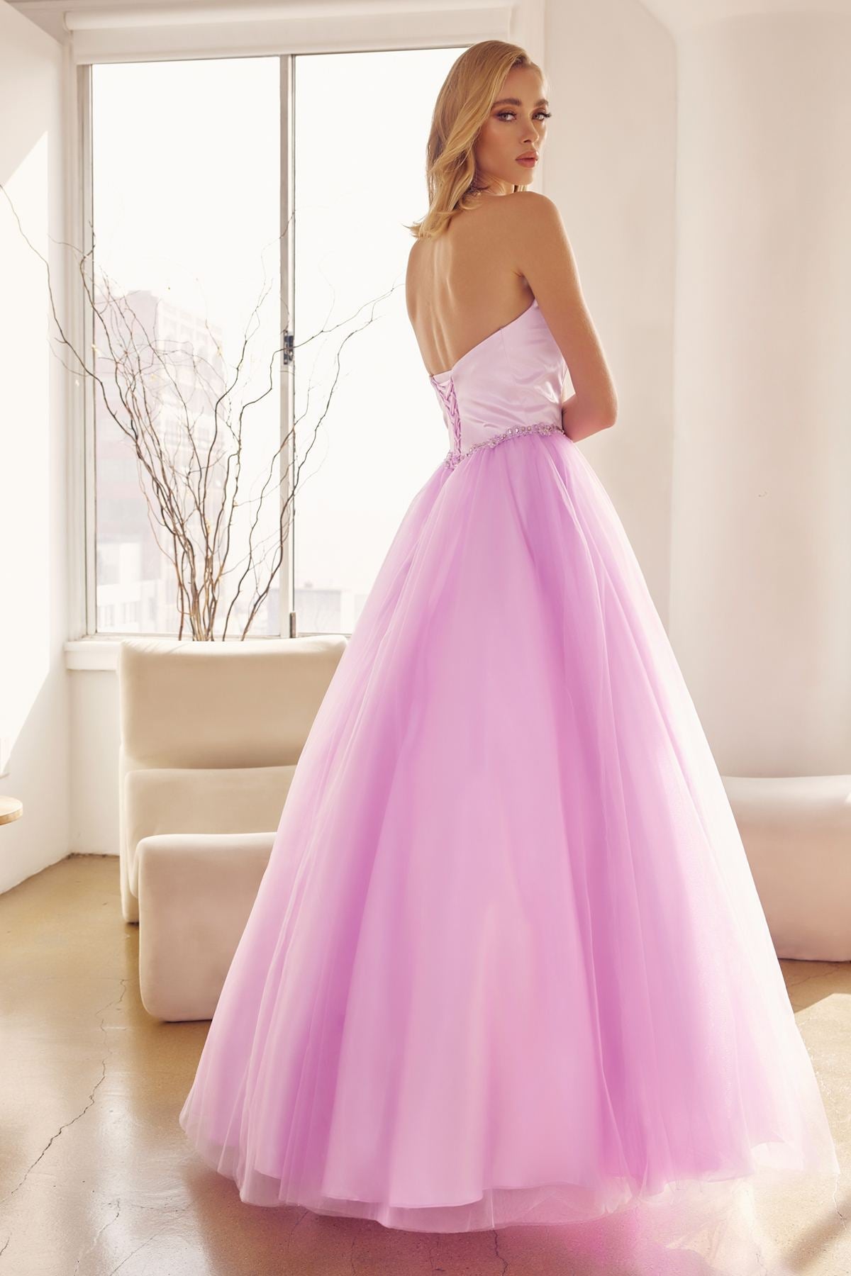 Lilac strapless A-line ball gown with sweetheart bodice and beaded belt, full skirt