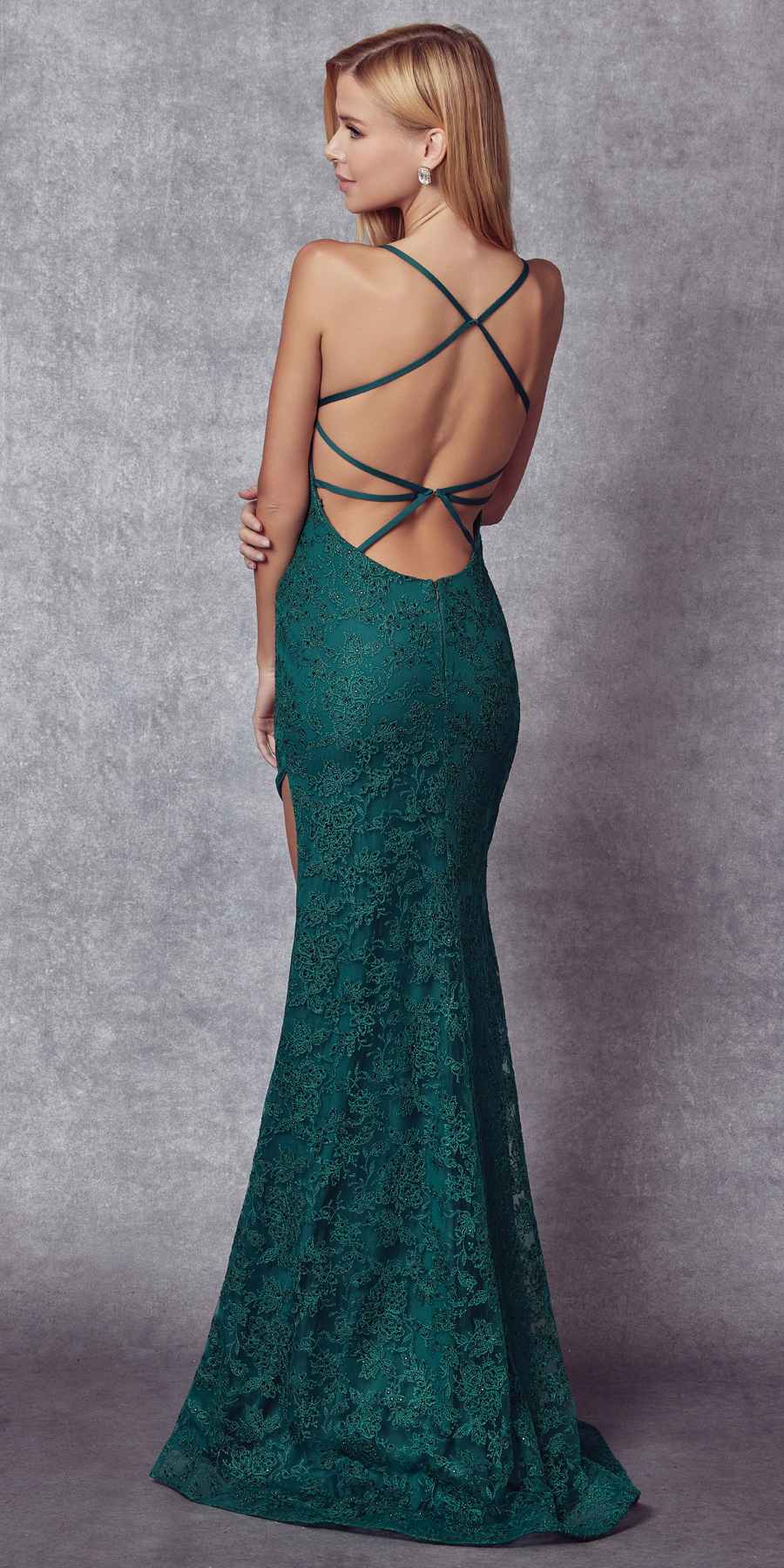 Emerald green lace fitted evening dress with open back and crisscross straps