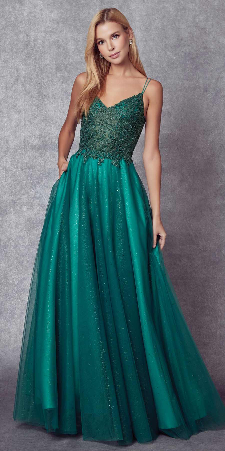 Emerald green sparkle tulle ball gown with embroidered sweetheart bodice and thin straps