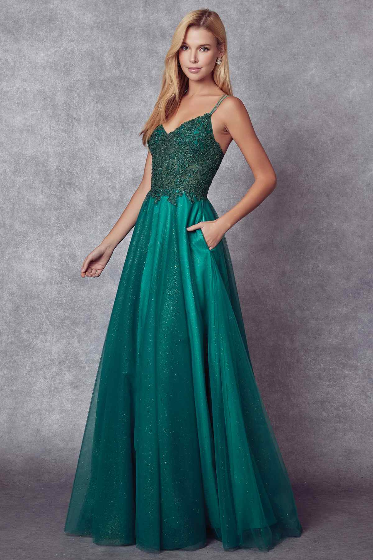 Emerald green sparkle tulle ball gown with fitted embroidered bodice
