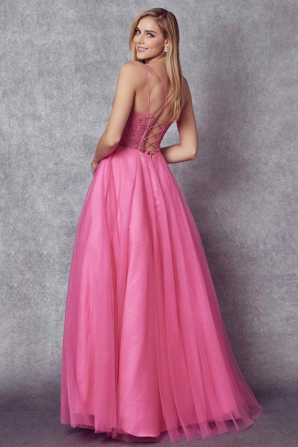 Fuchsia pink embroidered sparkle ball gown with open-back crisscross straps