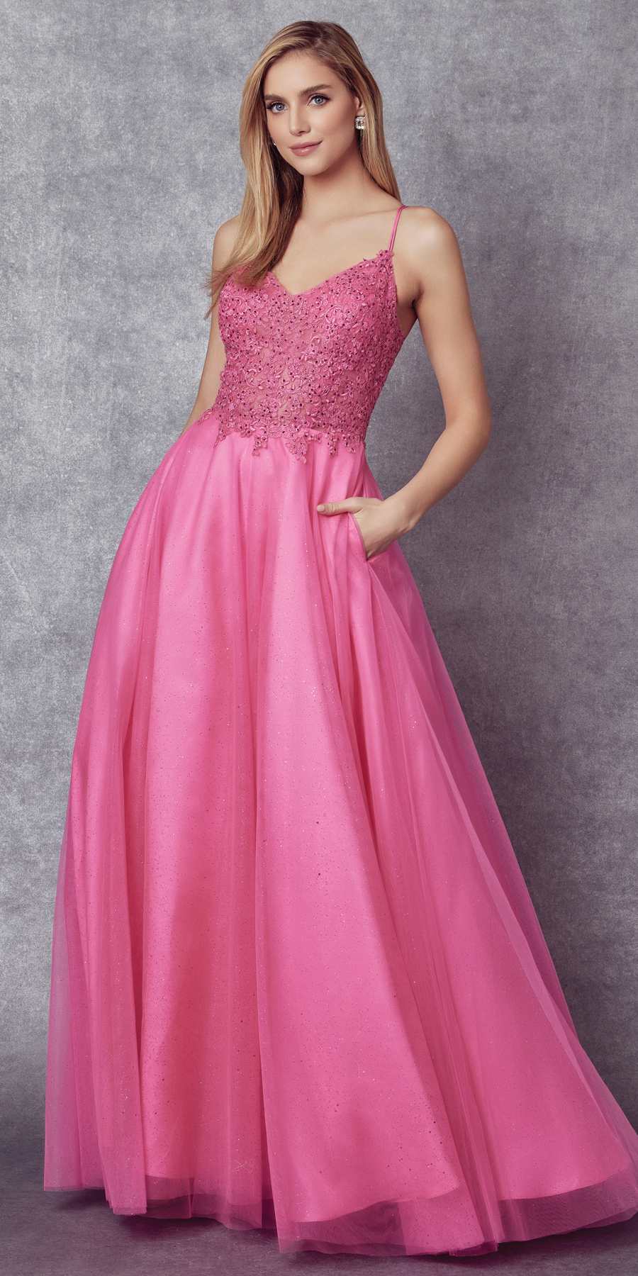 Fuchsia pink embroidered sparkle ball gown with sweetheart neckline and thin straps