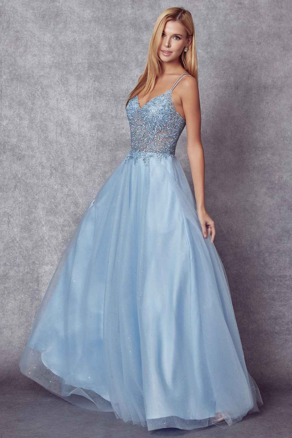 Ice blue sparkle tulle ball gown with fitted bodice, spaghetti straps, and full flared skirt