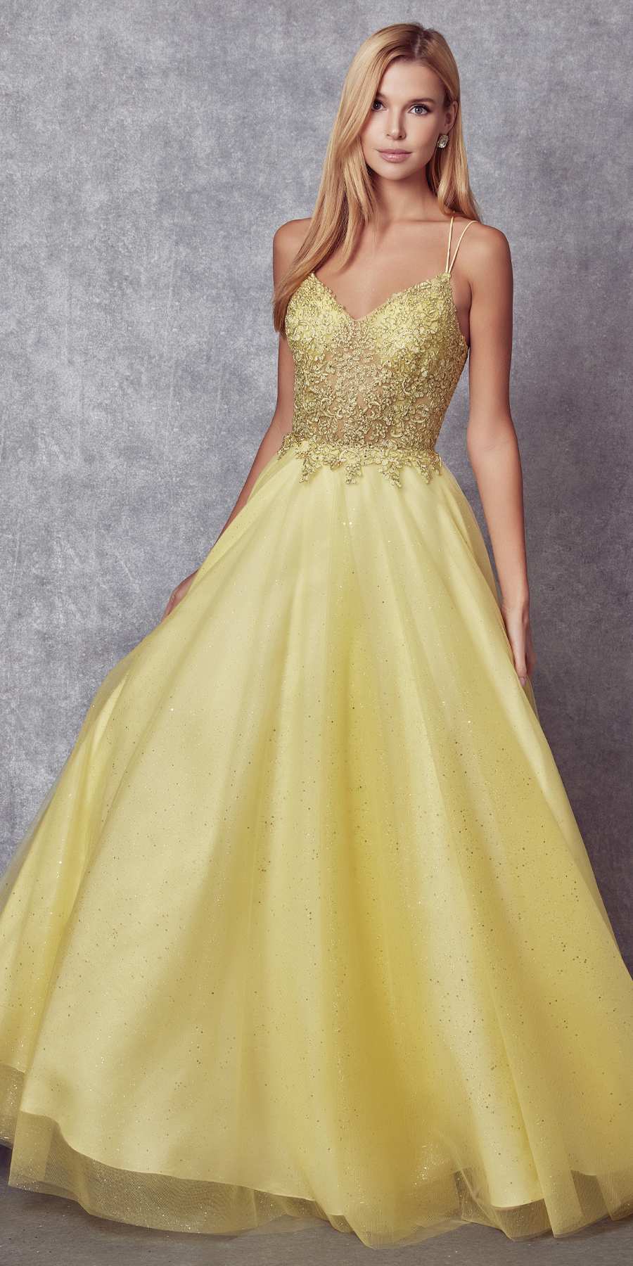 Yellow-gold sparkle tulle ball gown with fitted beaded bodice and full pleated skirt