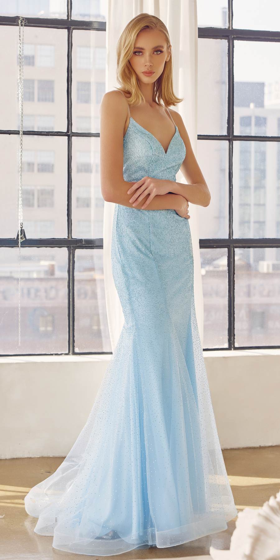 Ice blue glitter mesh fitted evening gown with V-neck straps