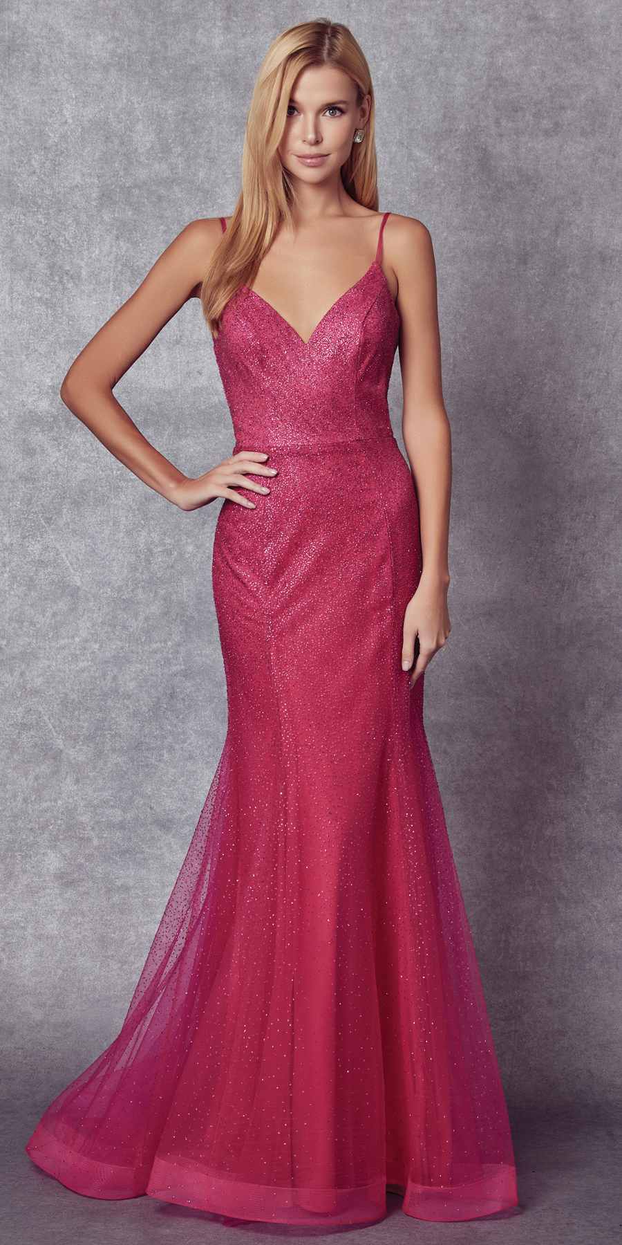 Magenta glitter mesh fitted wedding gown with spaghetti straps, mermaid silhouette