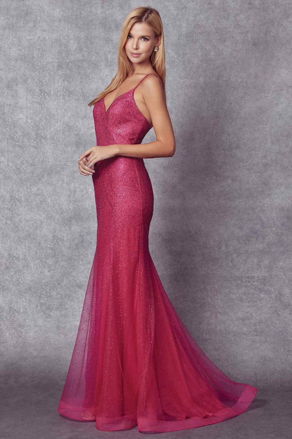 Magenta glitter mesh fitted wedding gown with slim straps, full-length side view