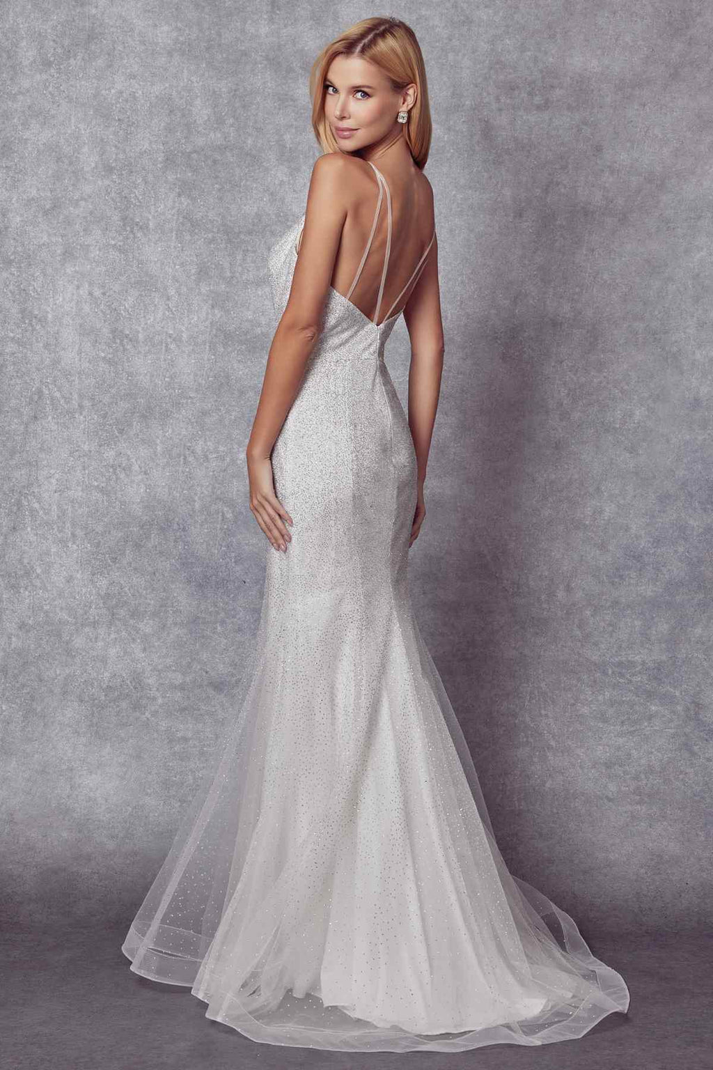 White glitter mesh fitted evening gown with V-neck straps and sheer train