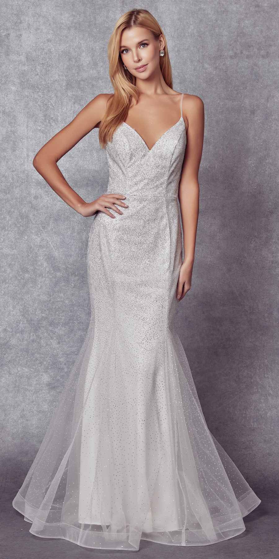 White glitter mesh fitted evening gown with V-neck and flared sheer hem