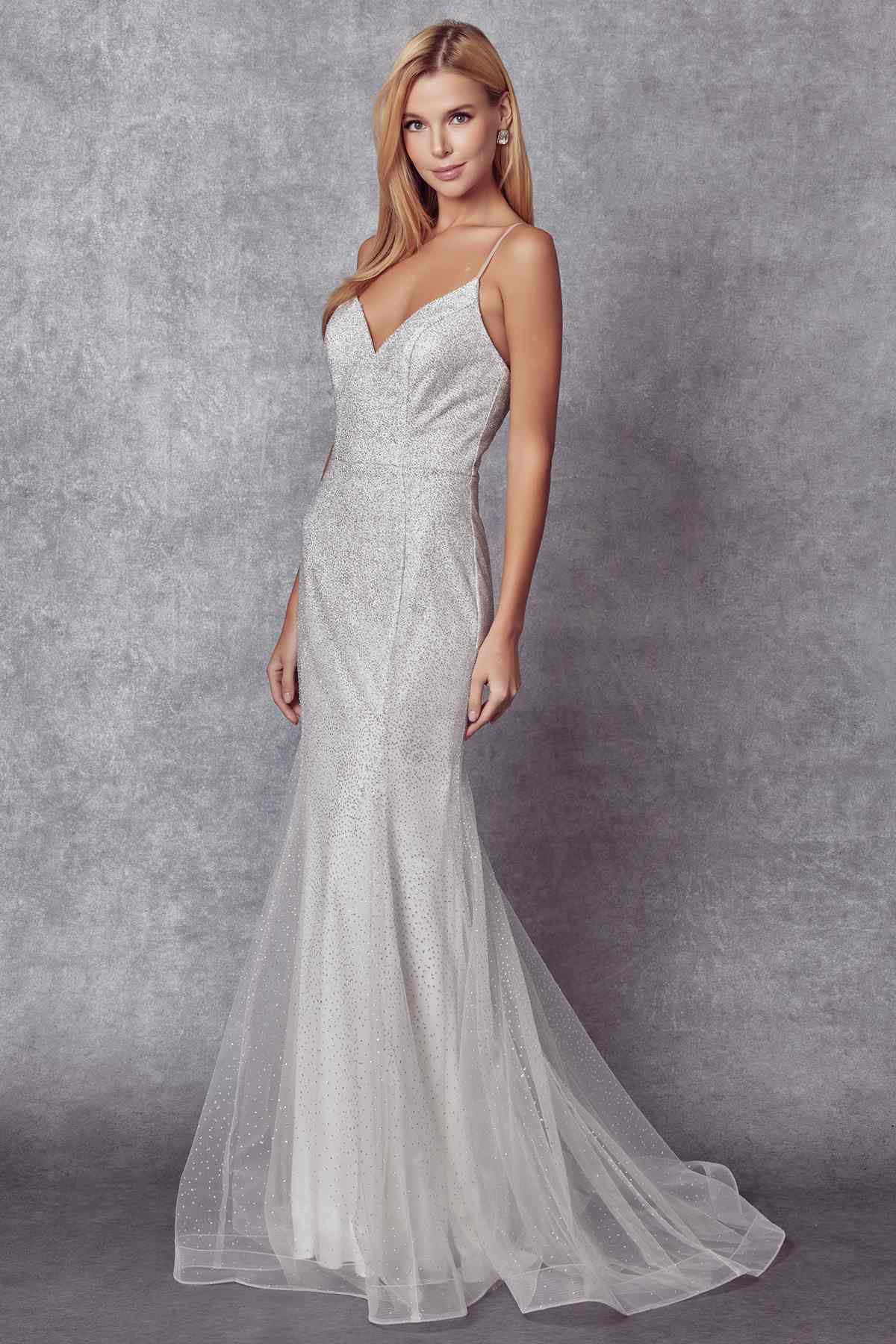 Glitter mesh wedding gown with V-neck and thin straps, fitted waist to flared skirt