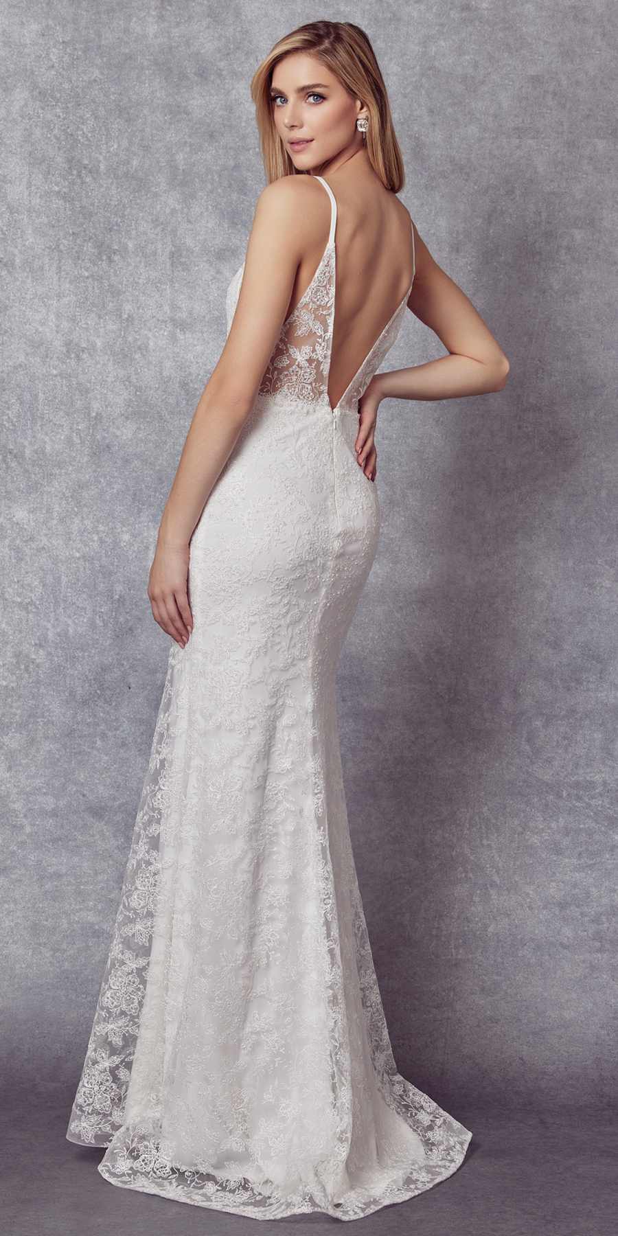 Embroidered lace fitted dress with stone accents, open-back straps, off-white