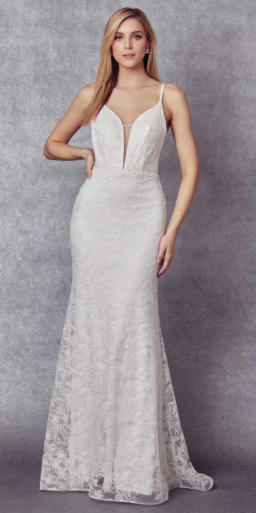 Embroidered lace fitted dress with stone accents, sleeveless V-neck, off-white
