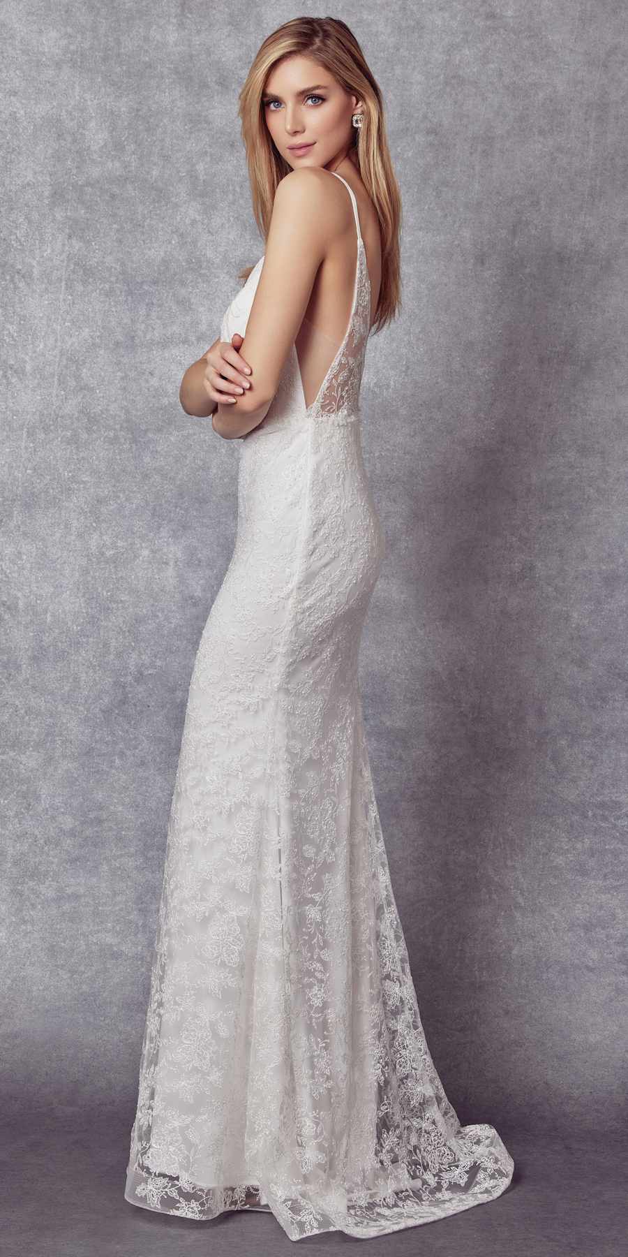 Embroidered lace fitted dress with stone accents, sleeveless V-neck, off-white, side view