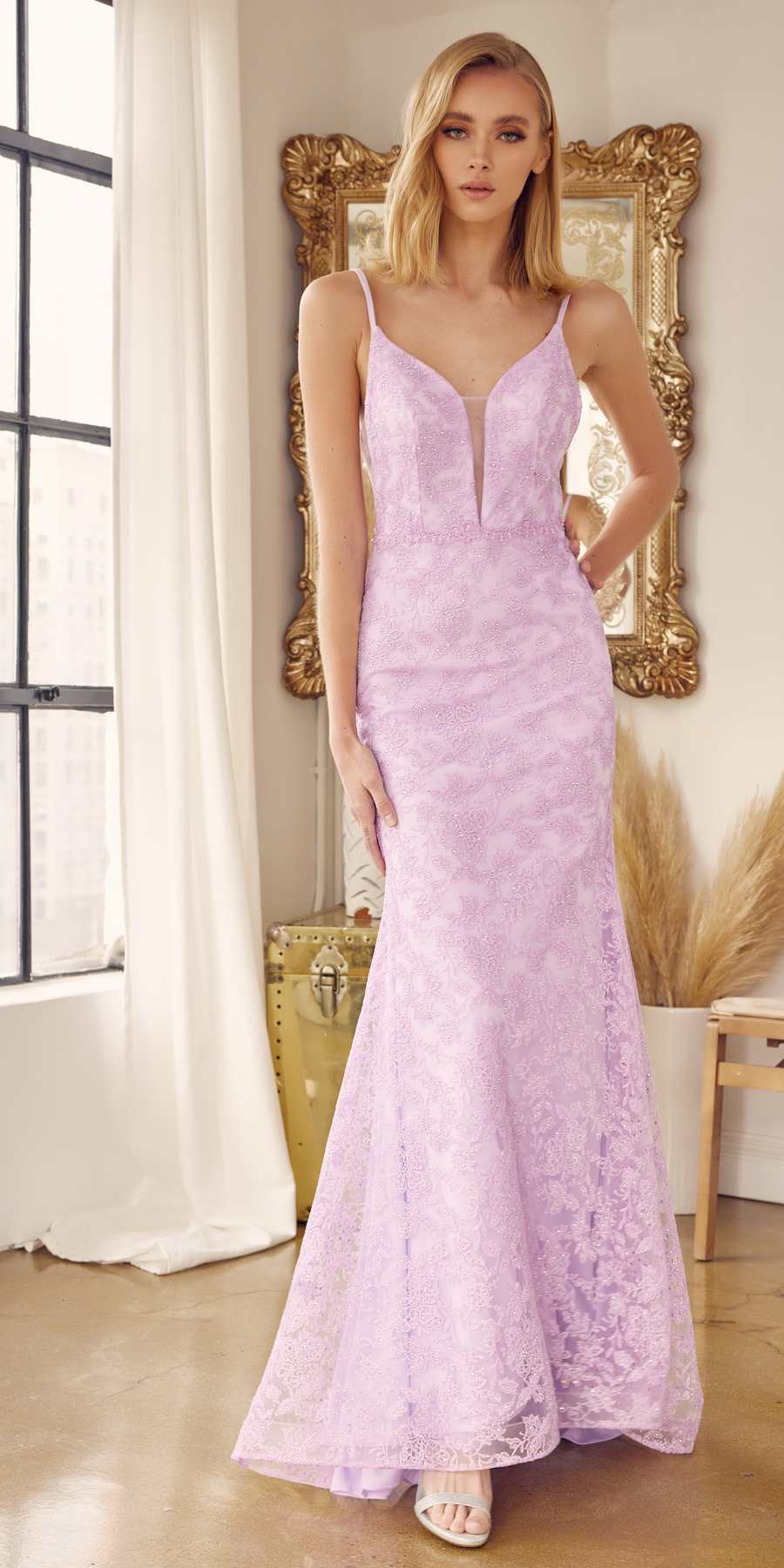Lilac embroidered lace fitted dress, V-neck, spaghetti straps, full-length front view