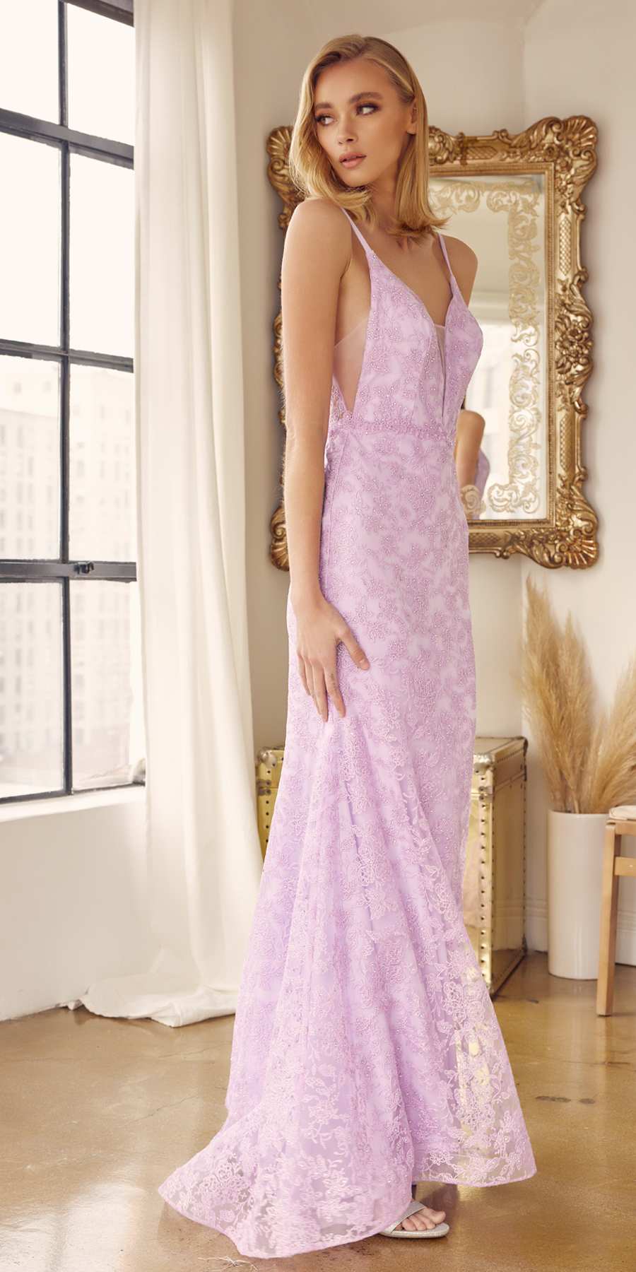 Lilac embroidered lace fitted dress, V-neck and thin straps, full-length side view