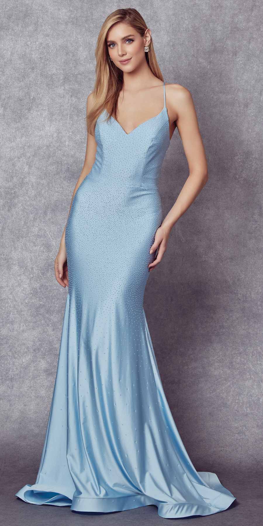Light blue mermaid gown with fitted bodice and flared floor-length skirt