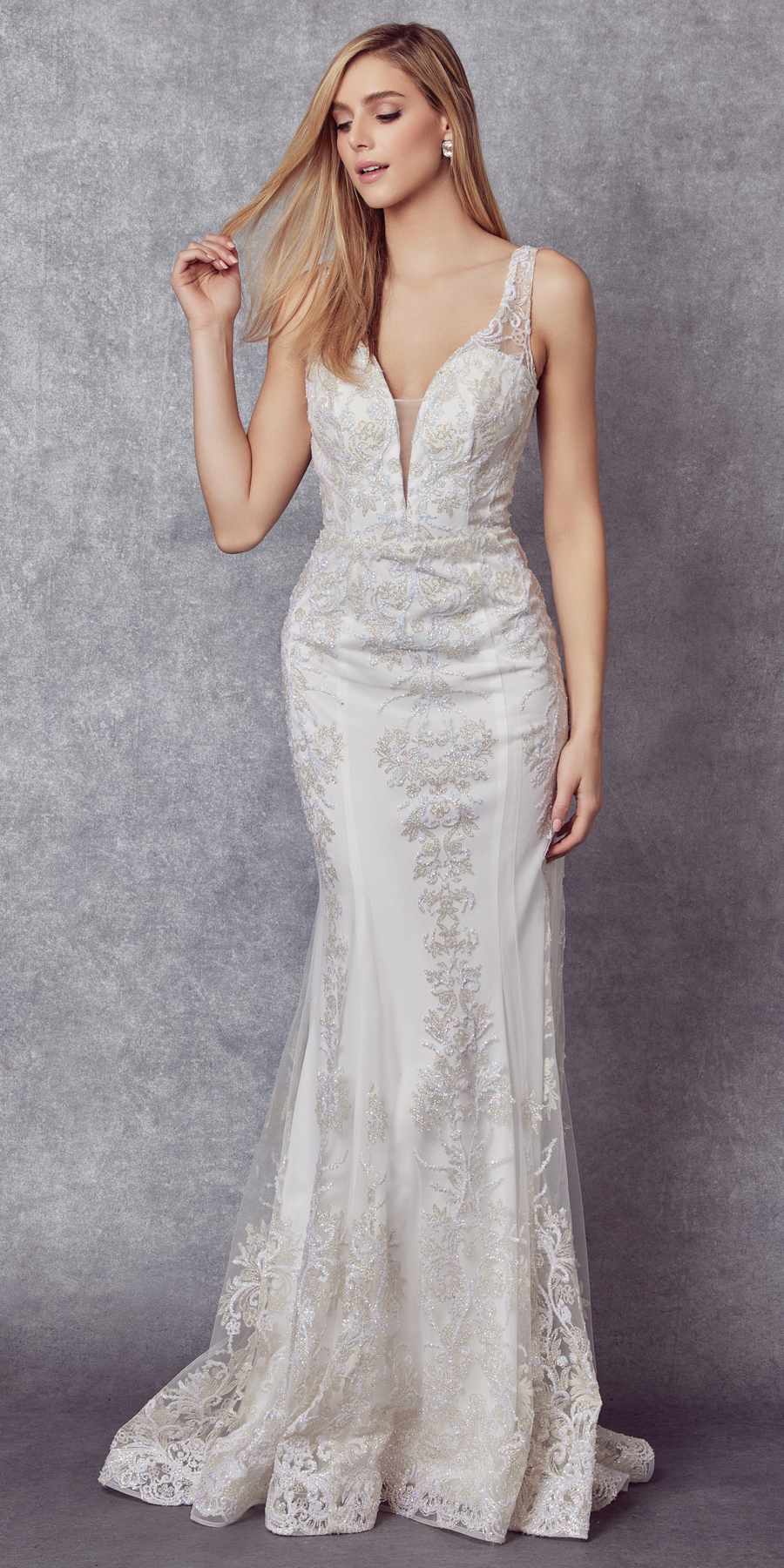 Ivory mermaid glitter tulle dress, sleeveless deep V bodice and long flared skirt