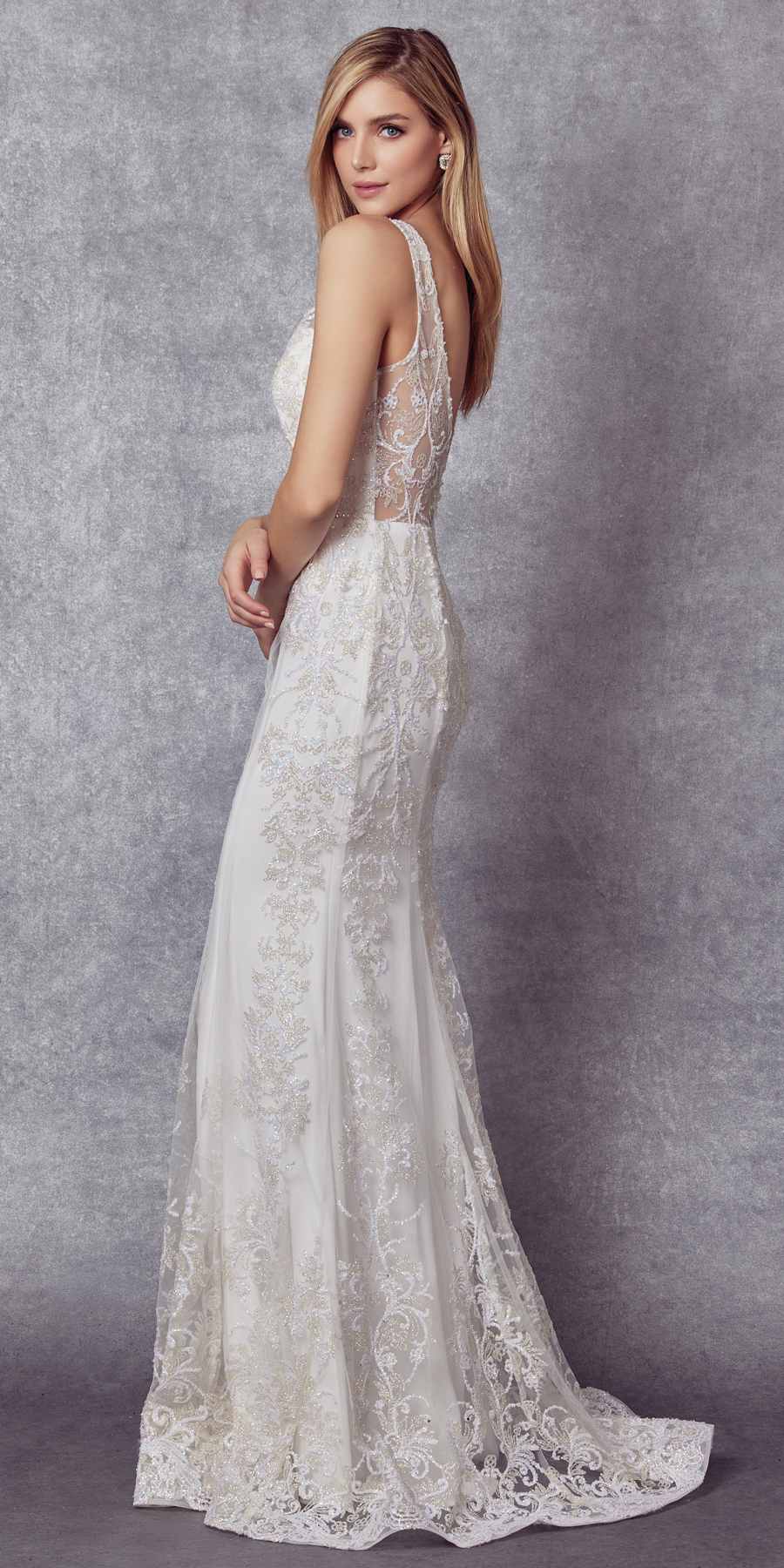 Ivory mermaid glitter lace dress with sleeveless V back and lace overlay