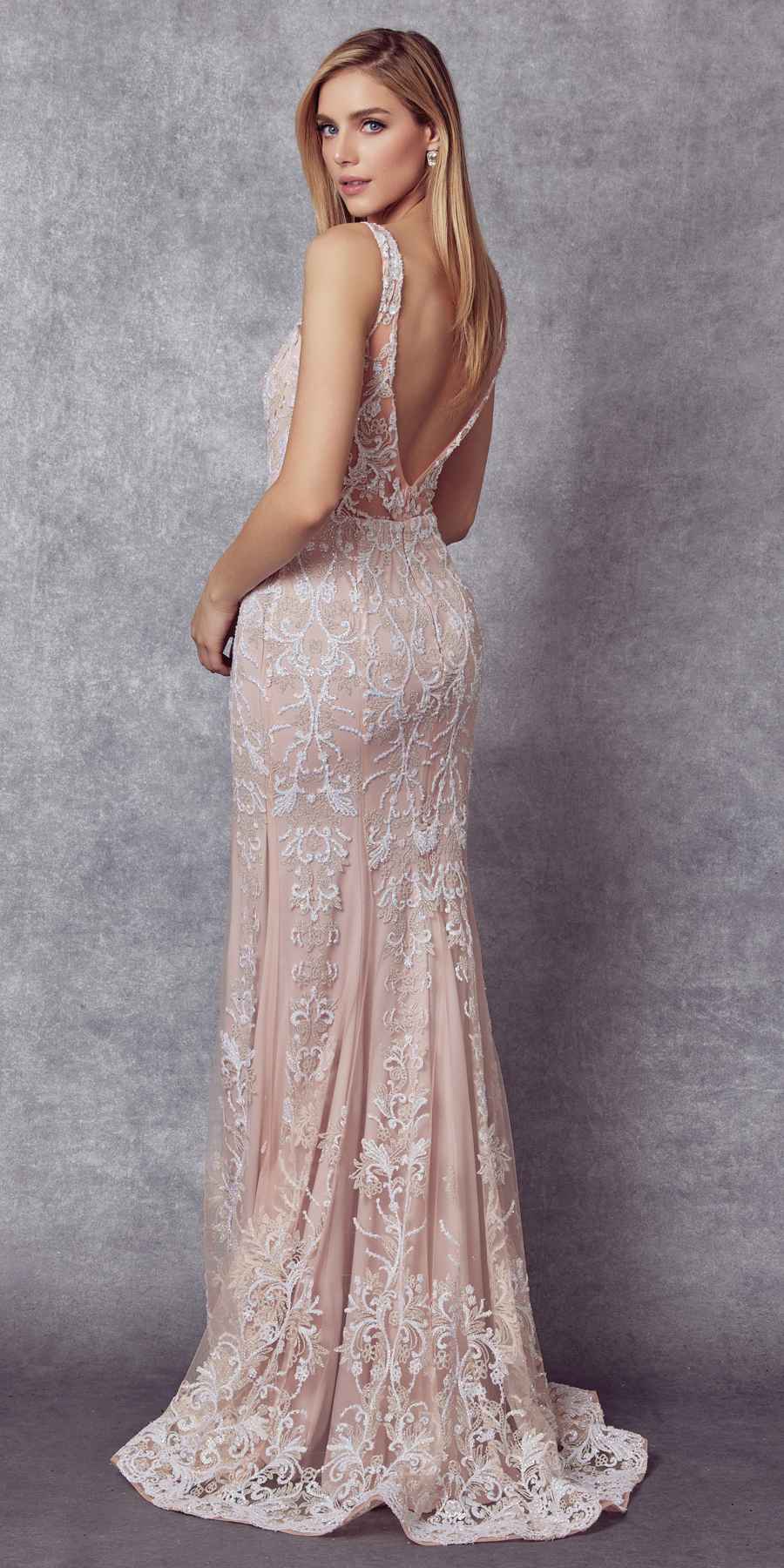 Blush pink glitter mermaid wedding dress with lace overlay and deep V-back