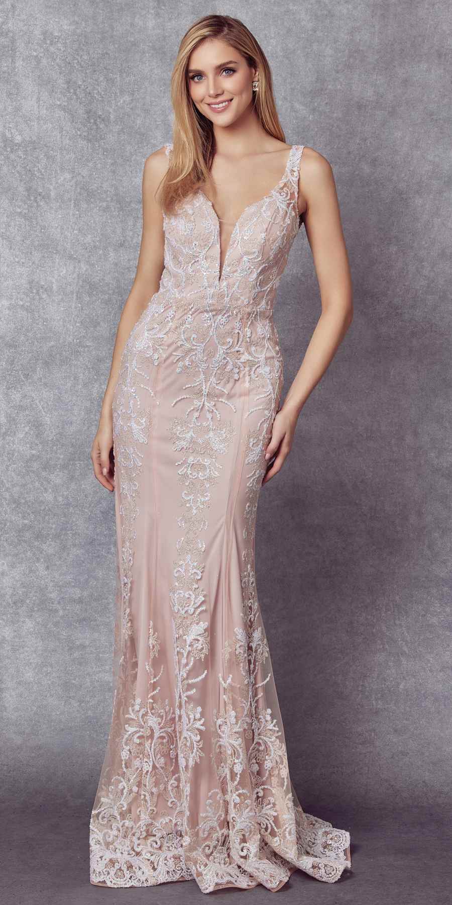 Blush pink sleeveless mermaid wedding dress with illusion lace bodice and long train