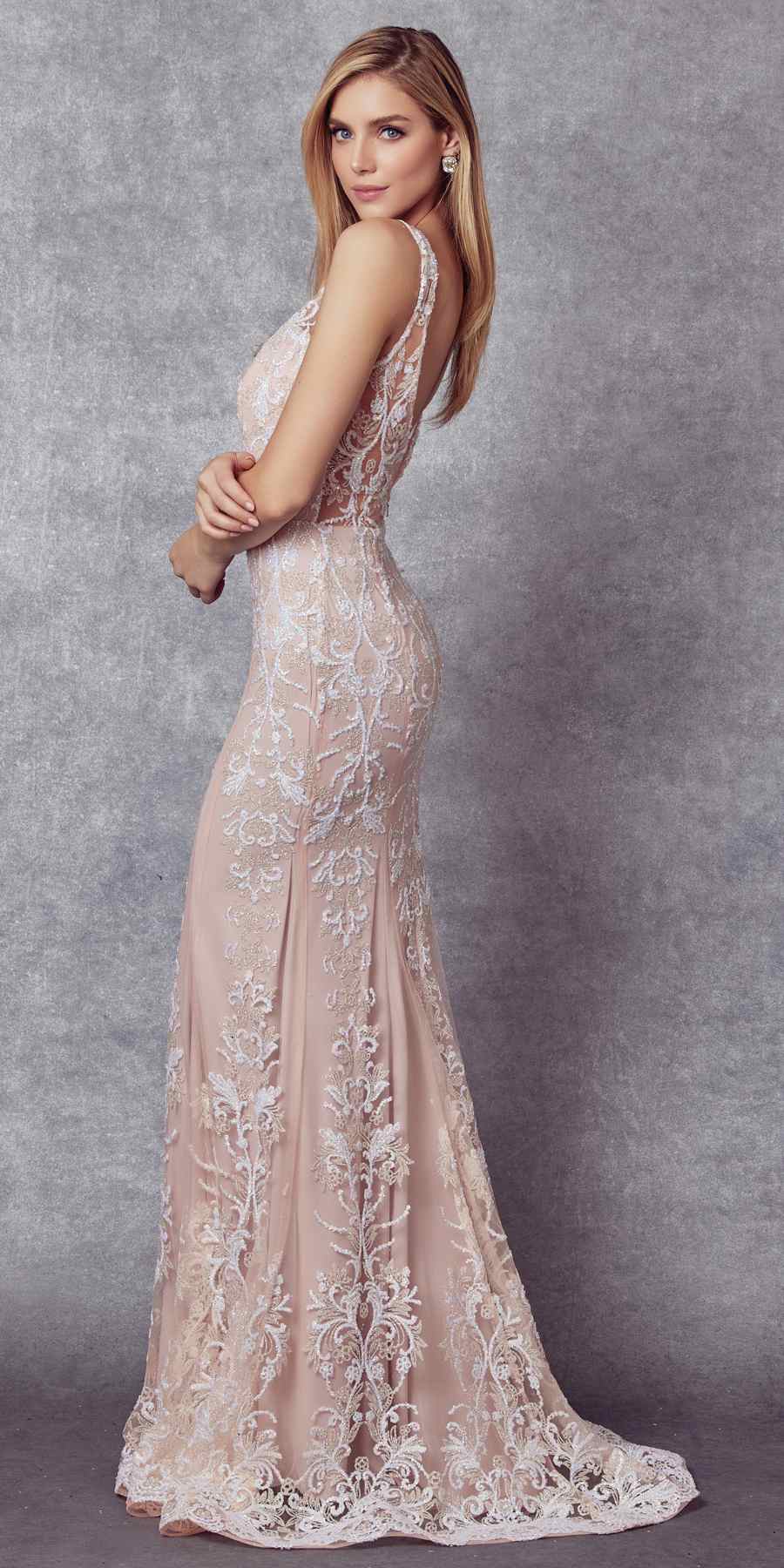 Blush mermaid gown with lace appliqué, V-back, thin straps, scalloped flared hem