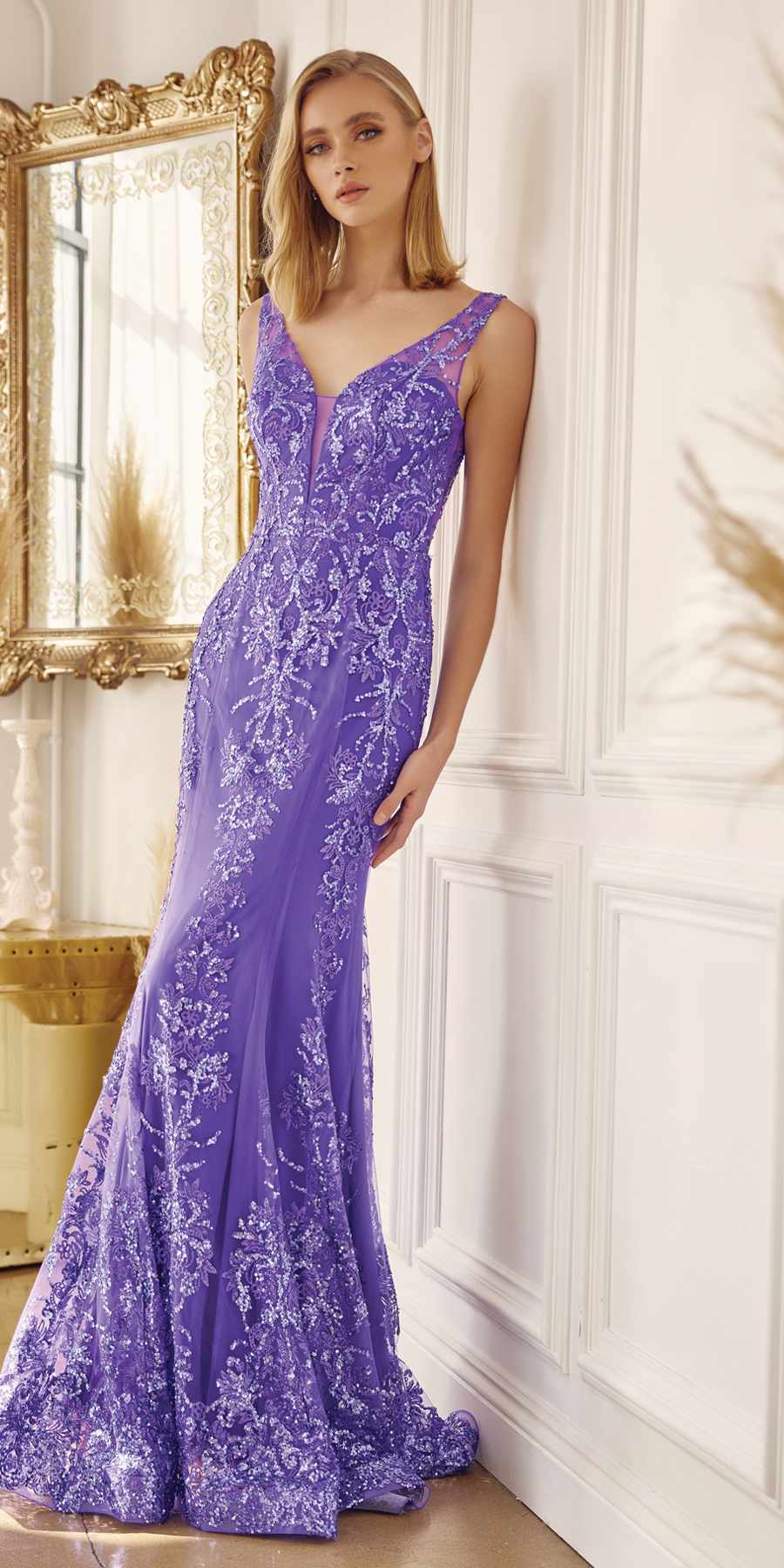 Purple mermaid wedding dress with V-neck lace overlay and glittery texture