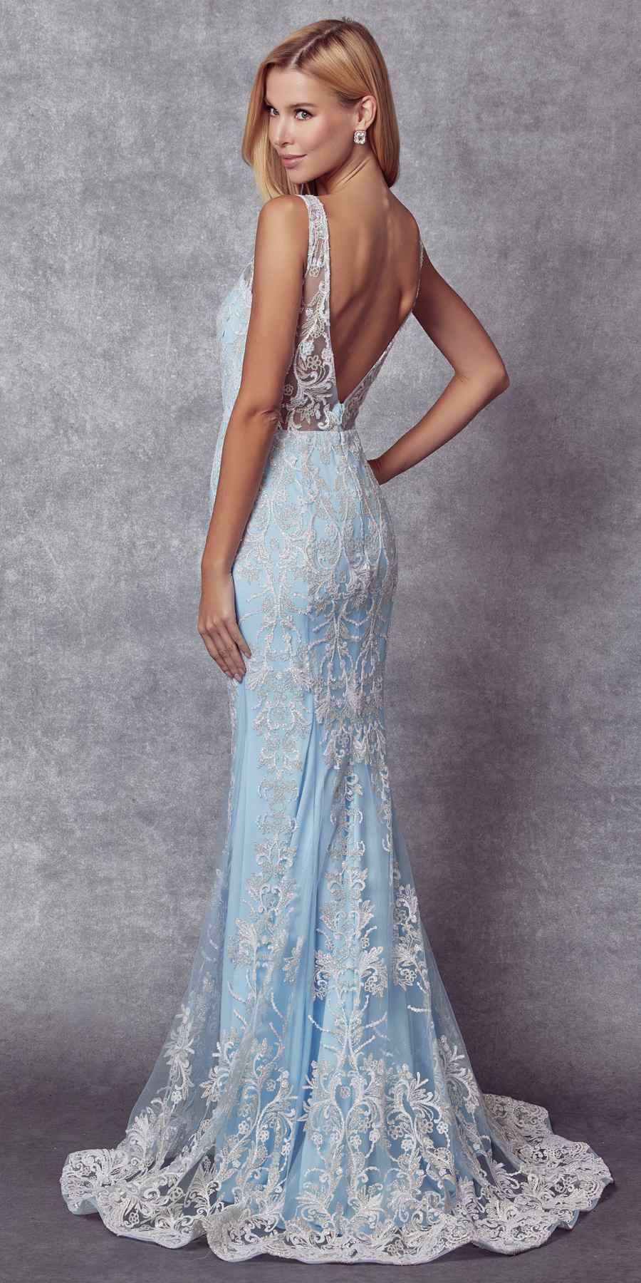 Light blue glitter tulle mermaid wedding dress with lace applique, sleeveless V-back