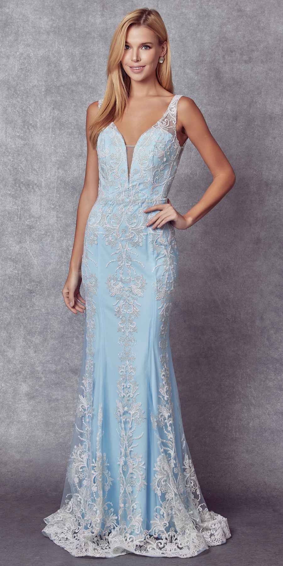 Light blue mermaid wedding dress with V-neck lace appliques and fitted mermaid skirt