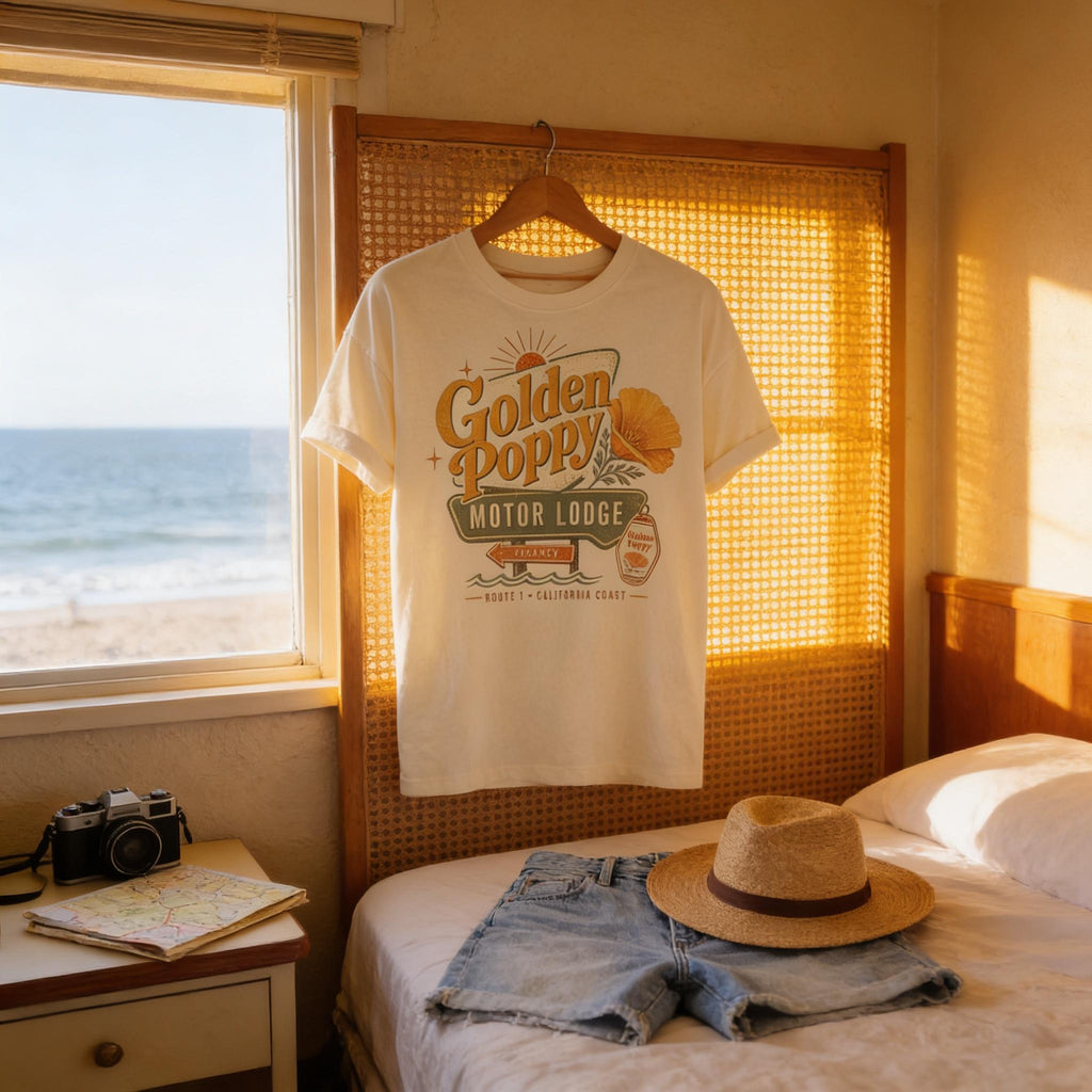 Ivory short-sleeve crewneck T-shirt with Golden Poppy Motor Lodge front graphic