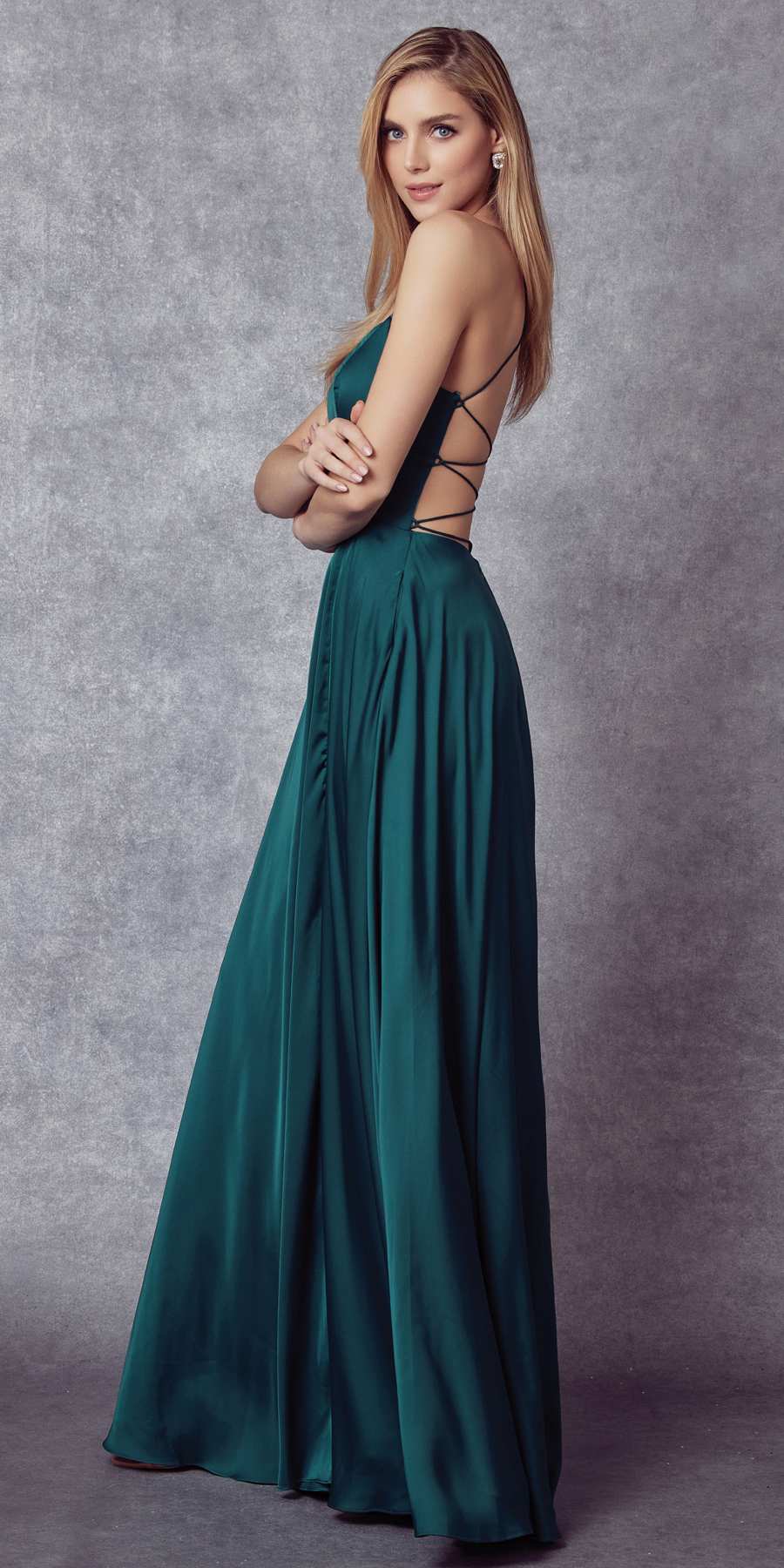 Dark green satin A-line gown with crisscross back straps and open back