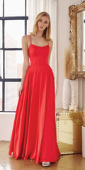 Red satin A-line formal gown with spaghetti straps and flared skirt