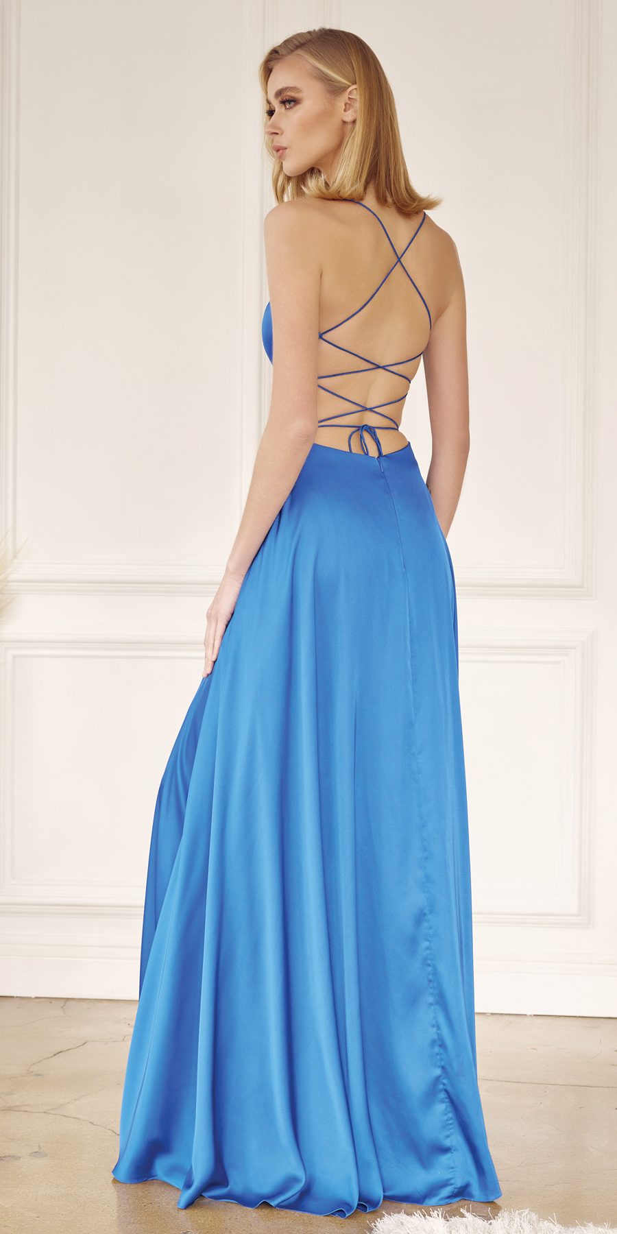 Blue satin A-line gown with crisscross back straps and open back detail