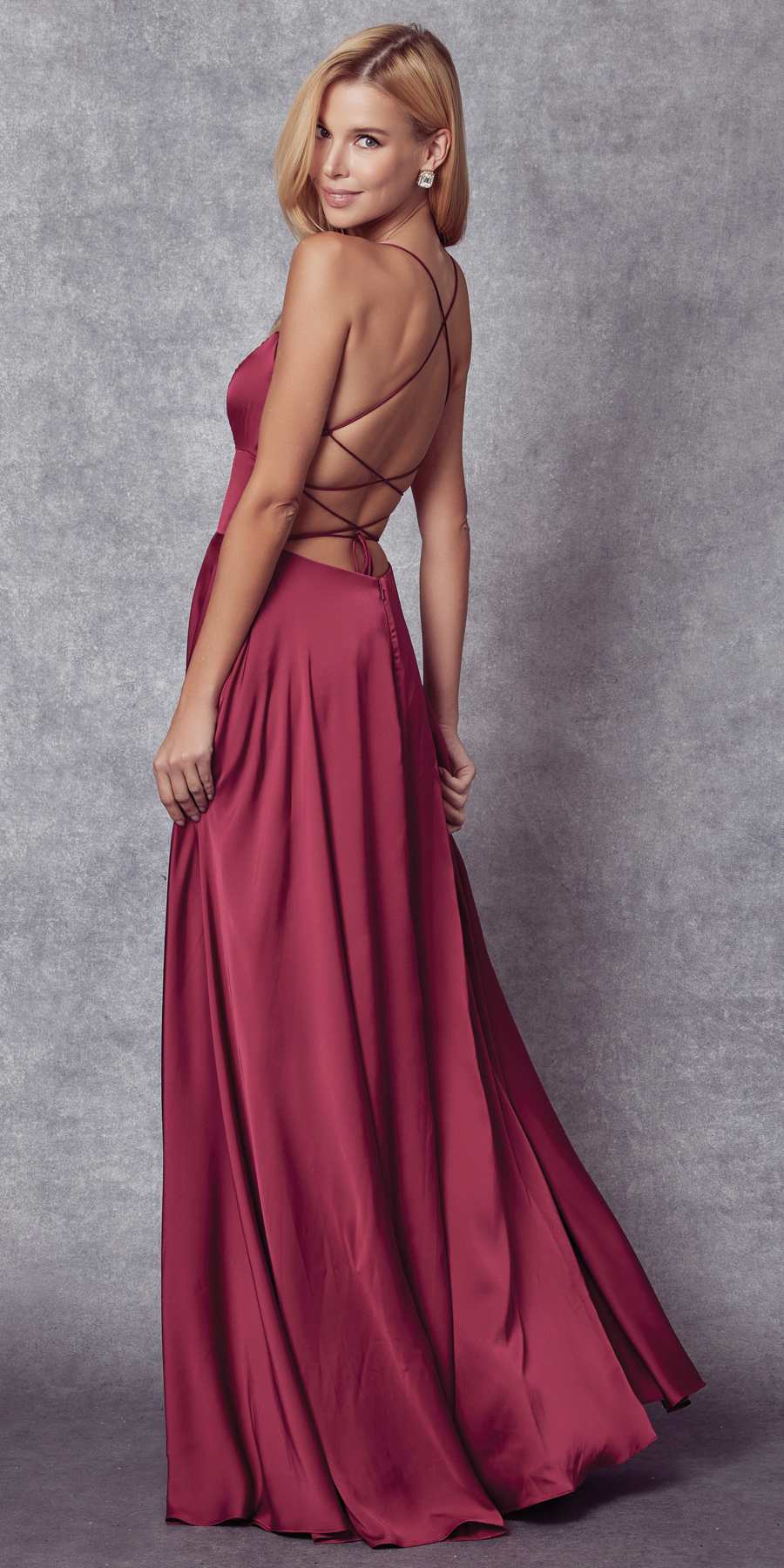 Wine satin A-line gown, crisscross open-back straps and flowing skirt