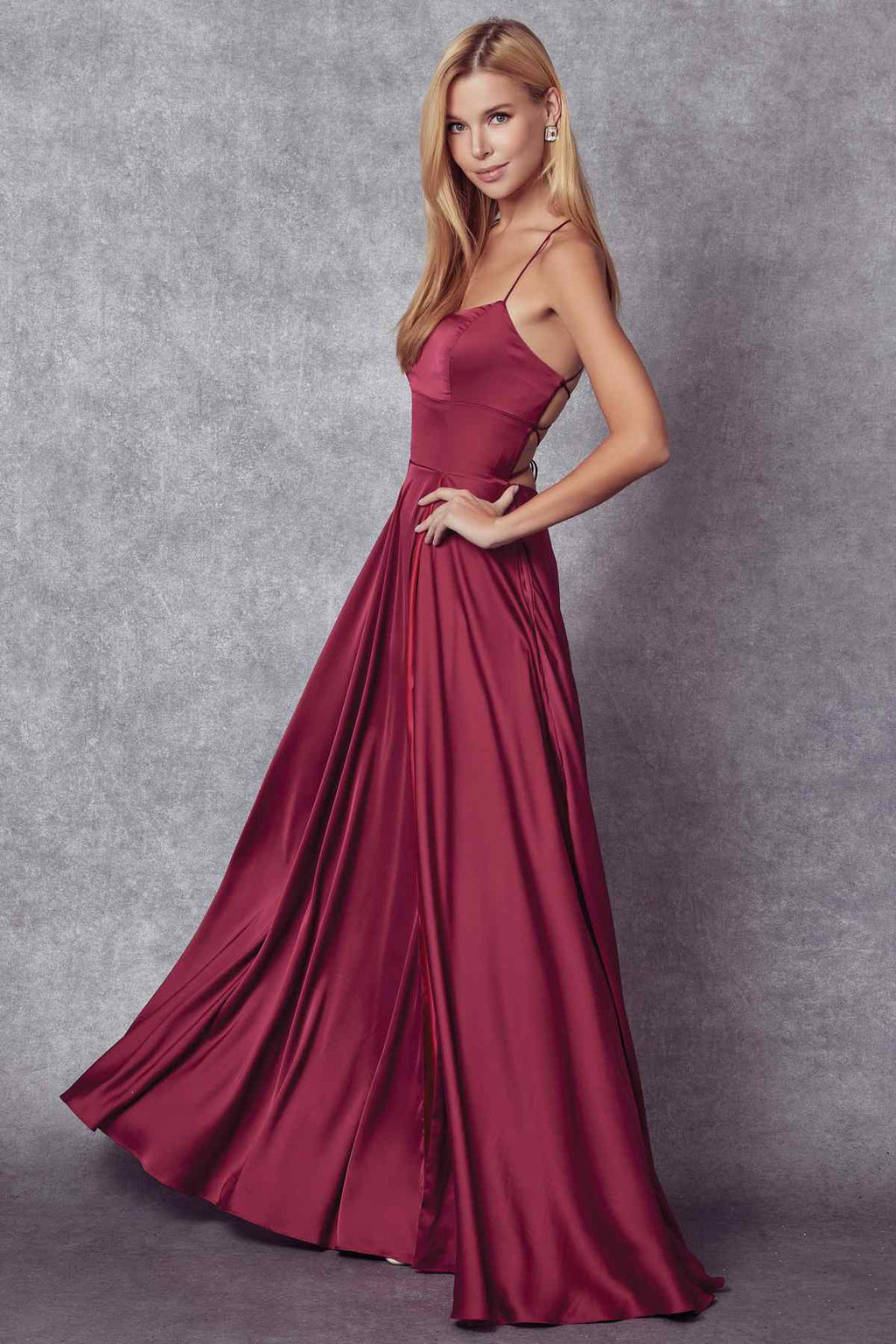 Wine satin A-line formal gown with spaghetti straps and fitted bodice