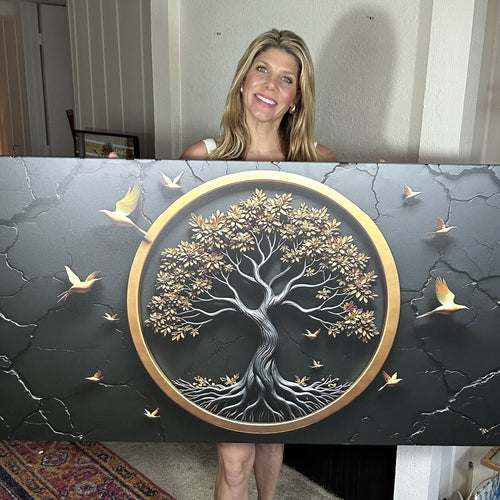 3D tree of life wall art with gold ring, dark background, birds, and ornate tree