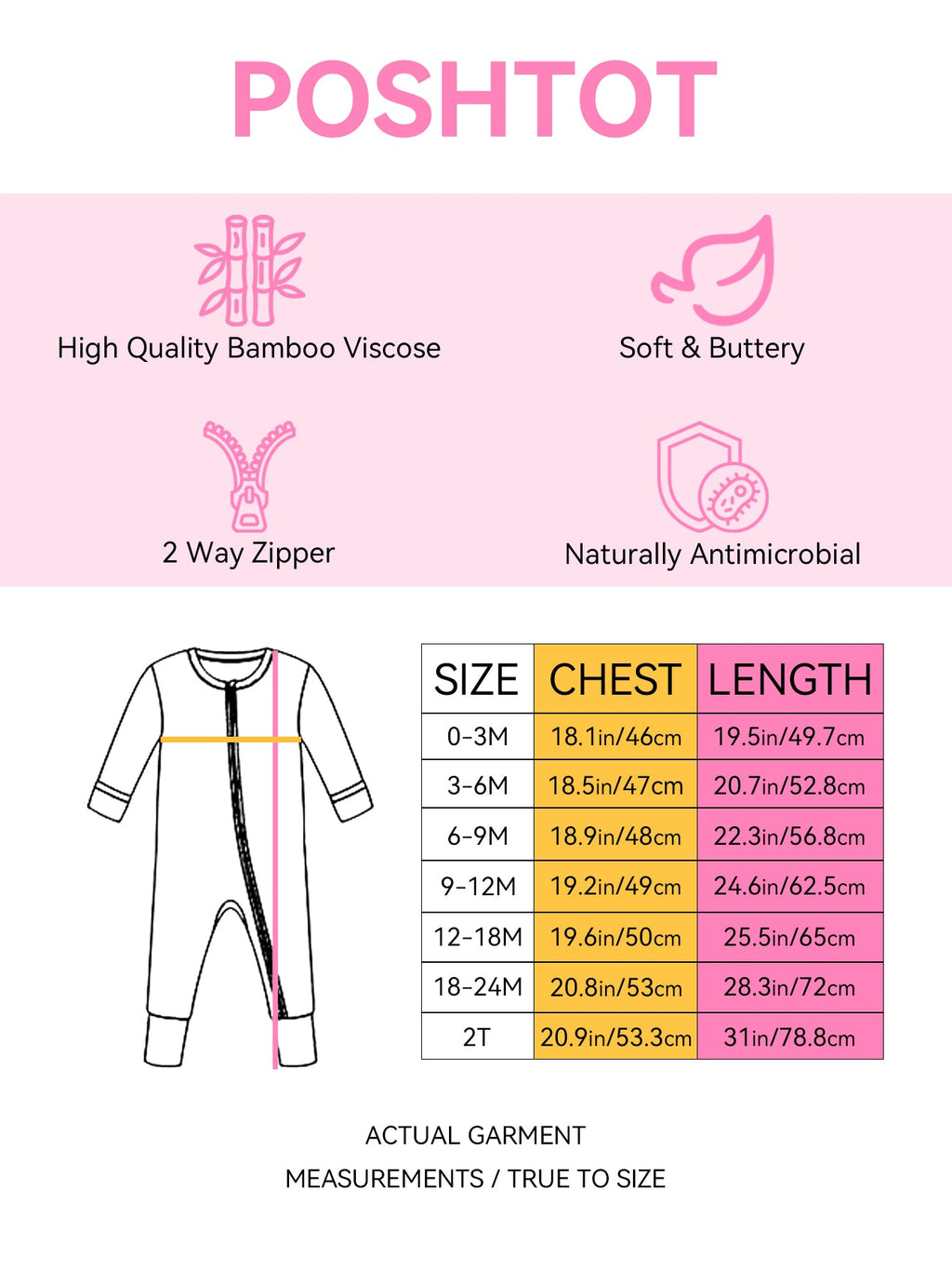 Size chart graphic for baby romper with chest and length measurements