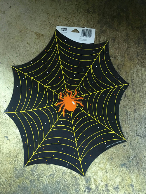 Halloween spiderweb wall window decoration, black cardstock with yellow web lines and orange spider