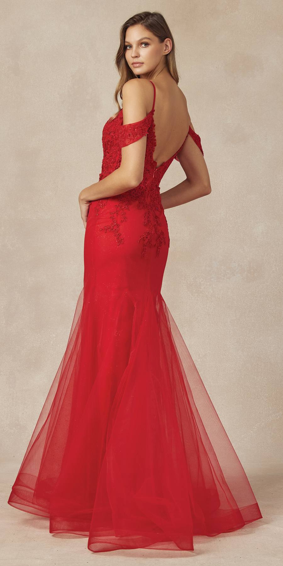 Red mesh mermaid gown with off-shoulder lace bodice and long flared sheer skirt
