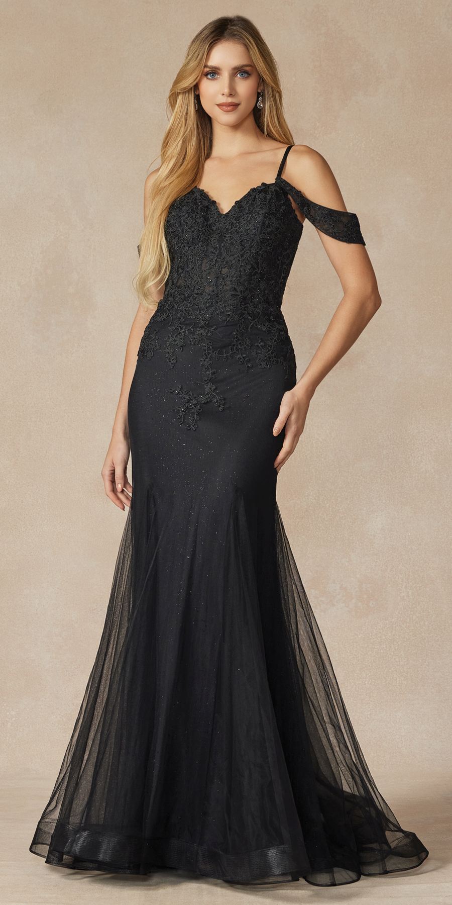 Black mesh off-shoulder gown with fitted bodice and mermaid skirt, long sleeve detail