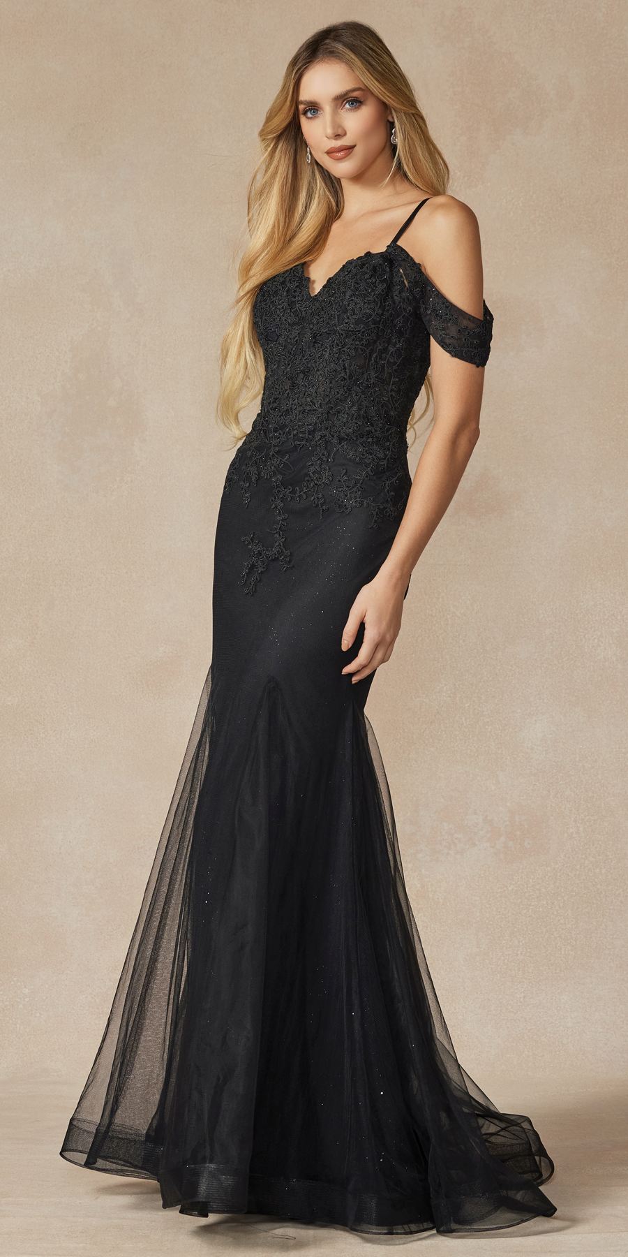 Black mesh off-shoulder fitted gown with mermaid hem and sheer sleeve cuffs, front view