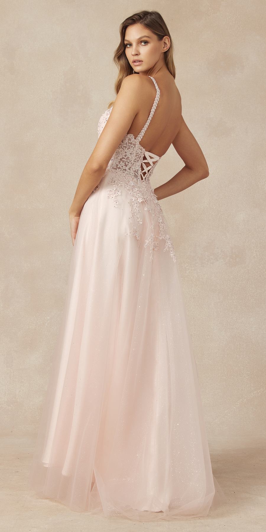 Light blush tulle skirt with 3D flower embroidery, glitter detail, and high slit