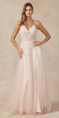 Blush tulle glitter skirt with floral embroidery, high slit and layered sheer hem