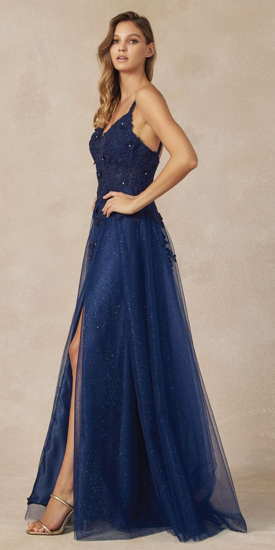 Navy glitter tulle skirt with embroidered flowers, A-line flare and high slit