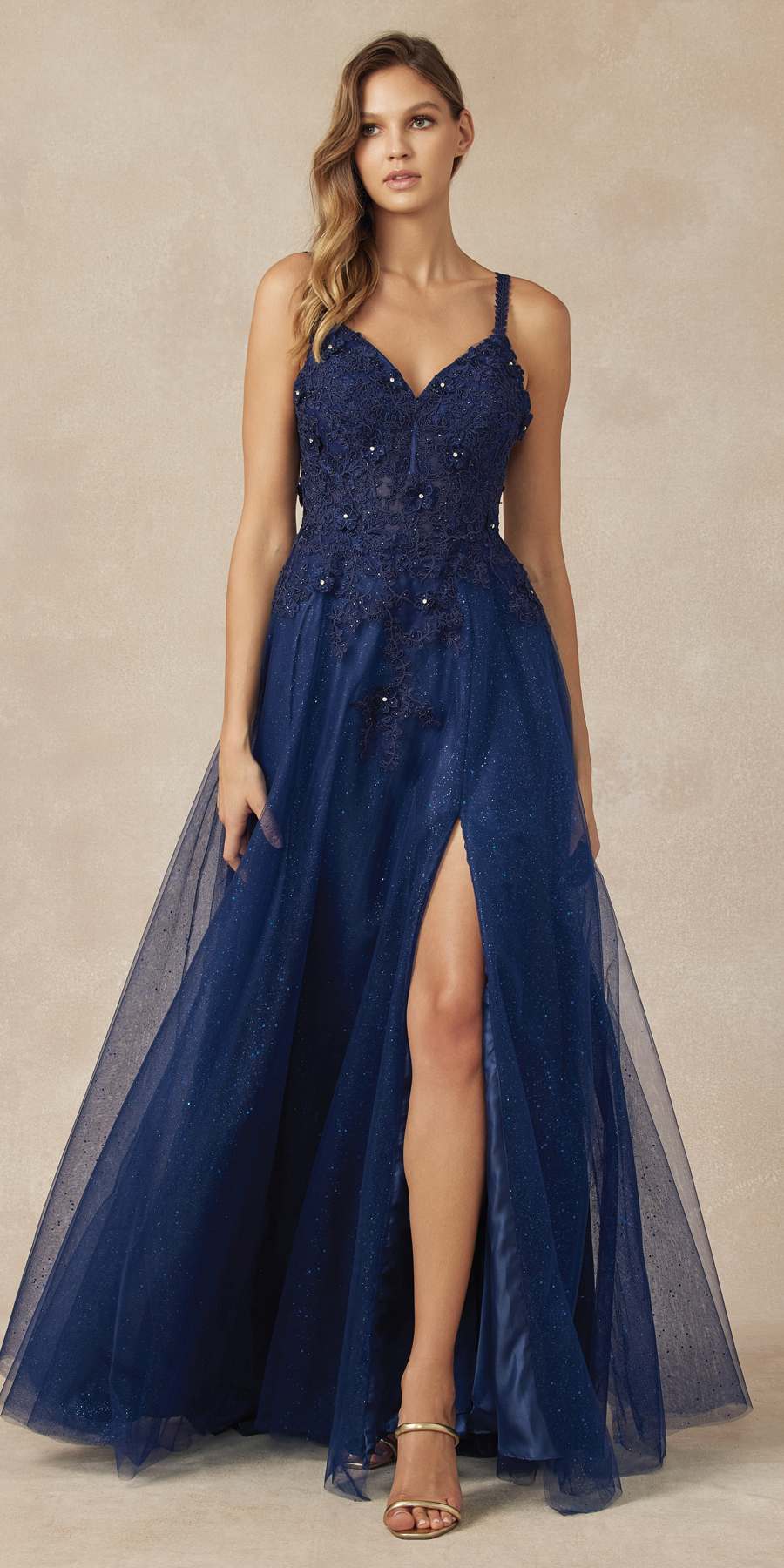 Navy 3D floral embroidered tulle glitter skirt with high front slit and sparkle finish