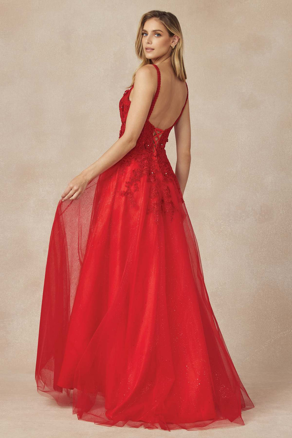 Red glitter tulle skirt with 3D floral embroidery, back view and high slit detail