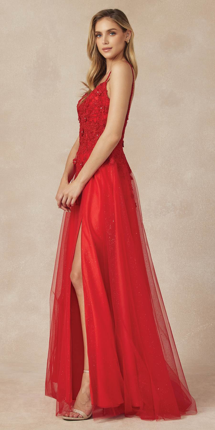 Red glitter tulle skirt with floral embroidery, high slit and layered sheer hem