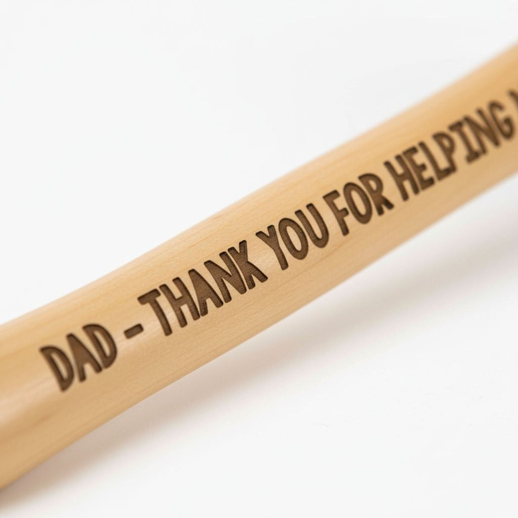 Close-up of engraved light wood hammer handle with “DAD - THANK YOU FOR HELPING…”