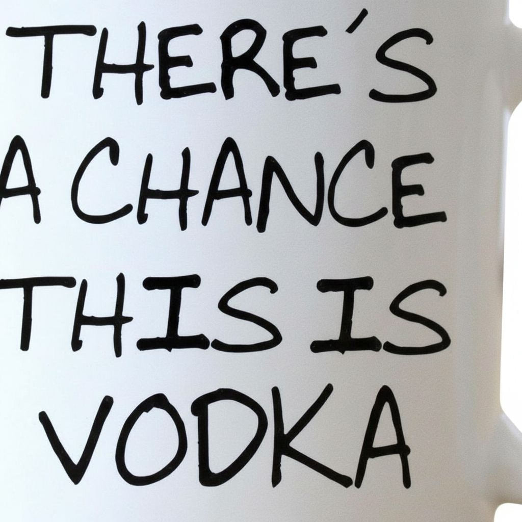 Close-up of black 'THERE'S A CHANCE THIS IS VODKA' text on white mug