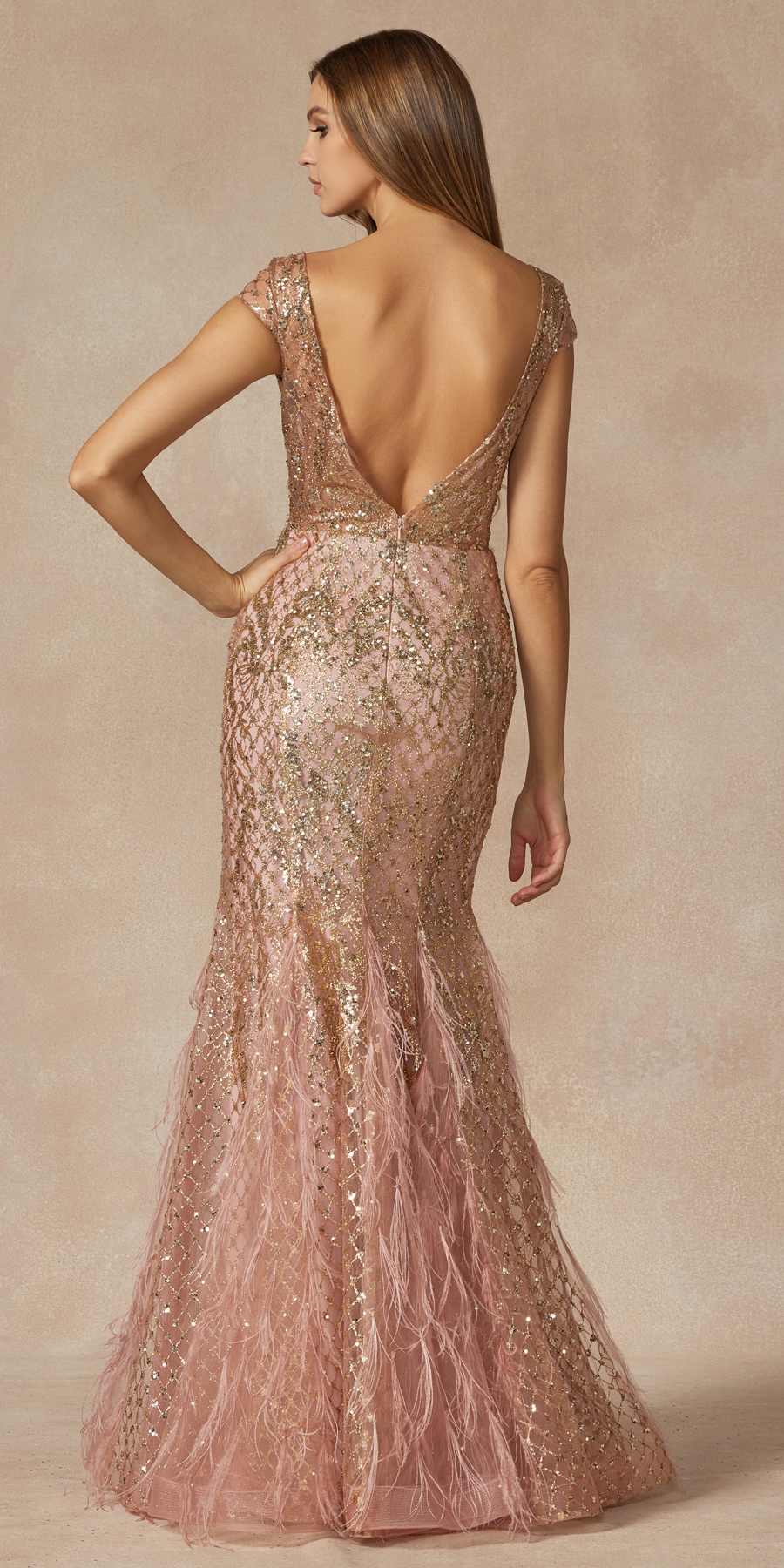 Rose gold sequined open-back fitted prom dress with fitted silhouette and feathered hem