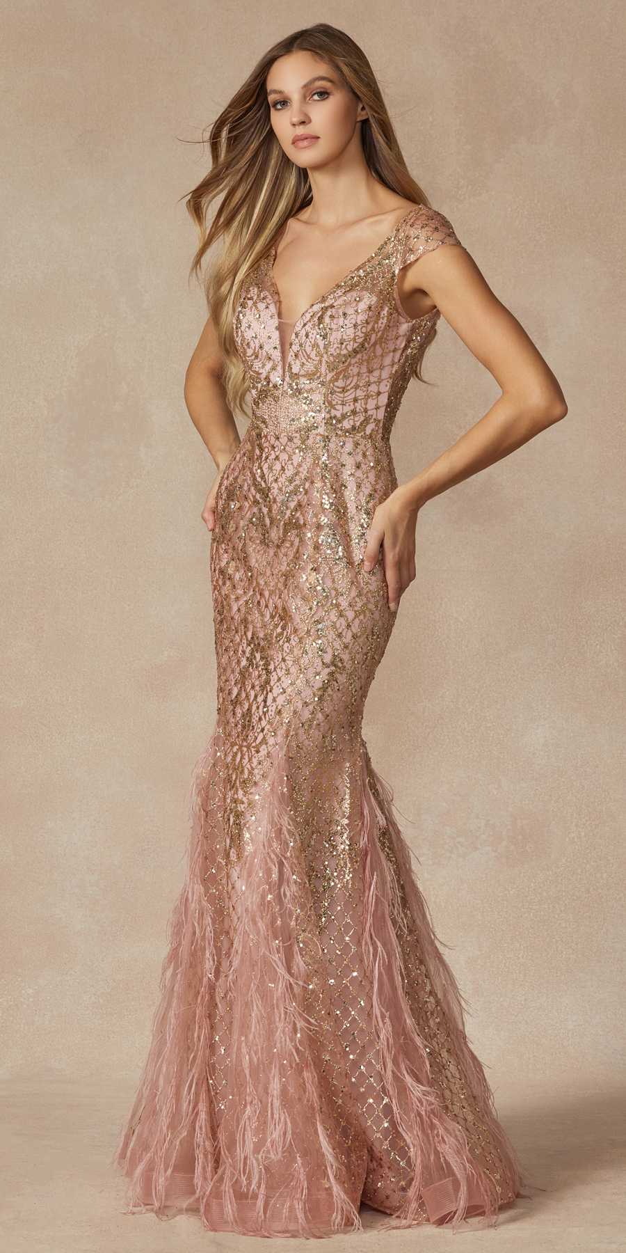 Rose gold sequined fitted prom dress with V-neck, cap sleeves, and feathered floor-length hem